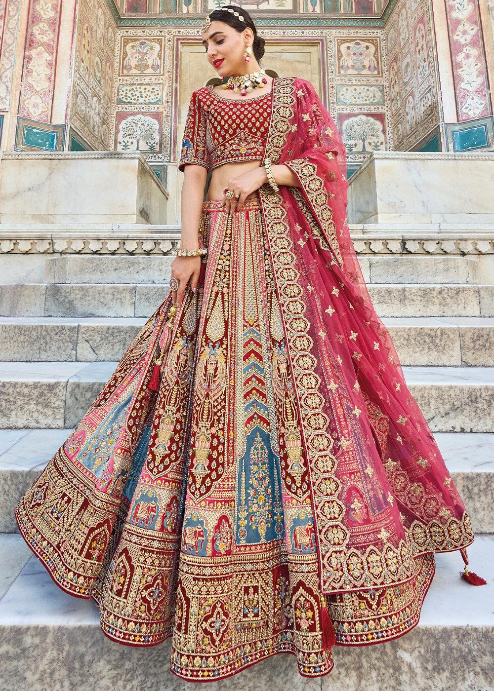 Maroon Red Velvet Lehenga Choli with Heavy Embroidery Work - qivii