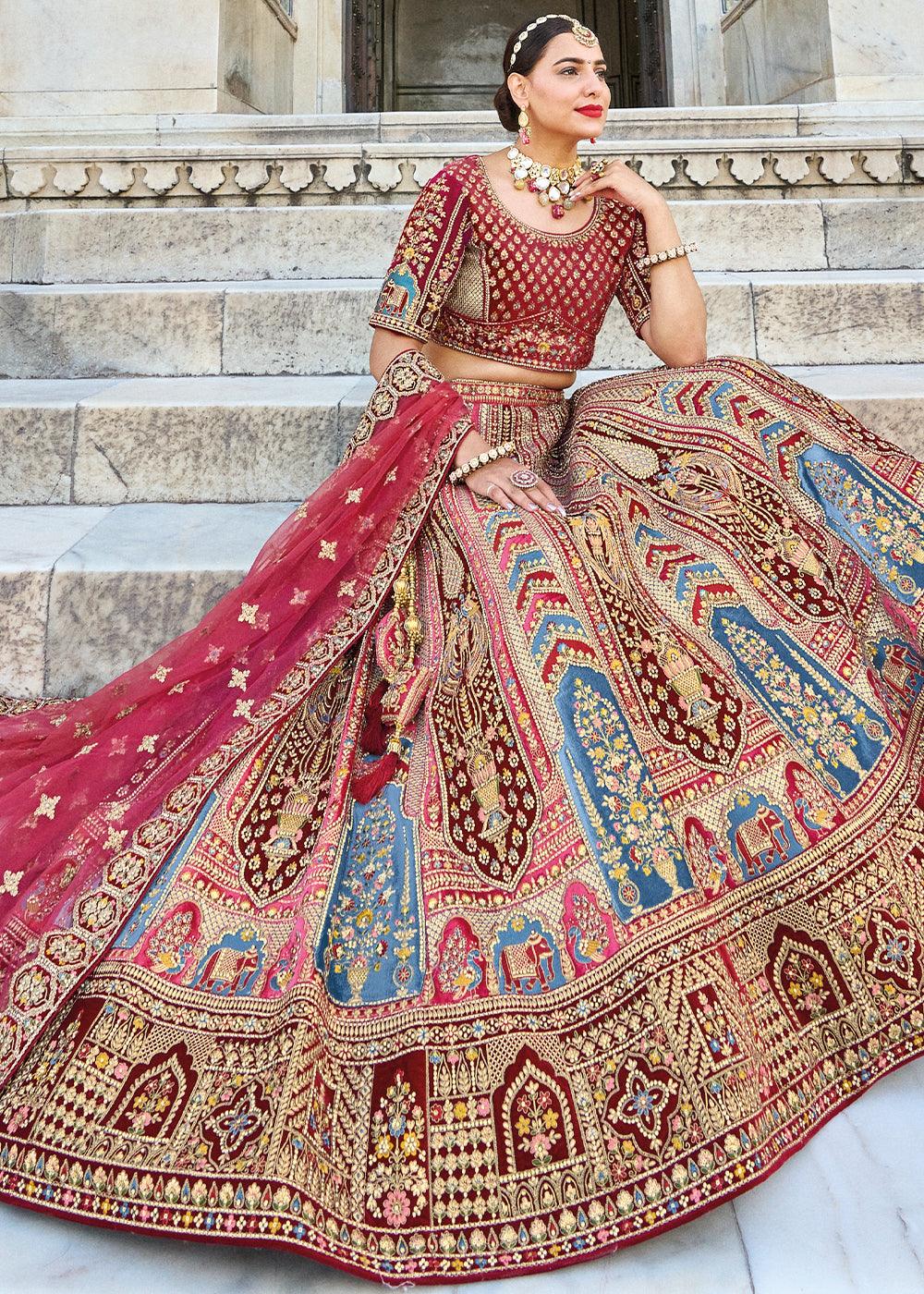 Maroon Red Velvet Lehenga Choli with Heavy Embroidery Work - qivii