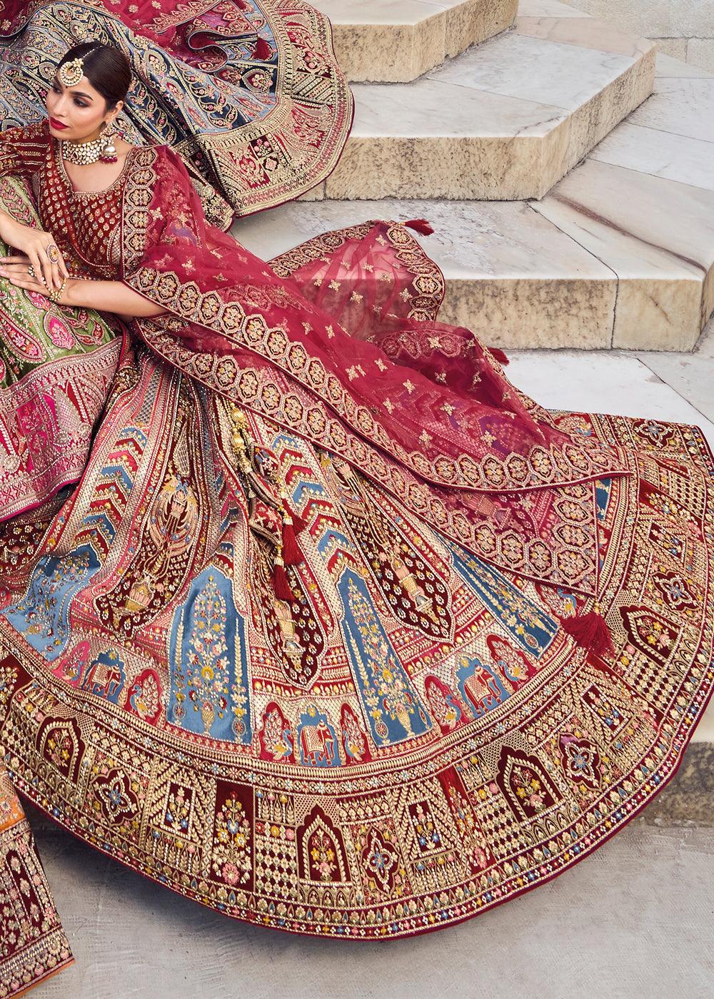 Maroon Red Velvet Lehenga Choli with Heavy Embroidery Work - qivii