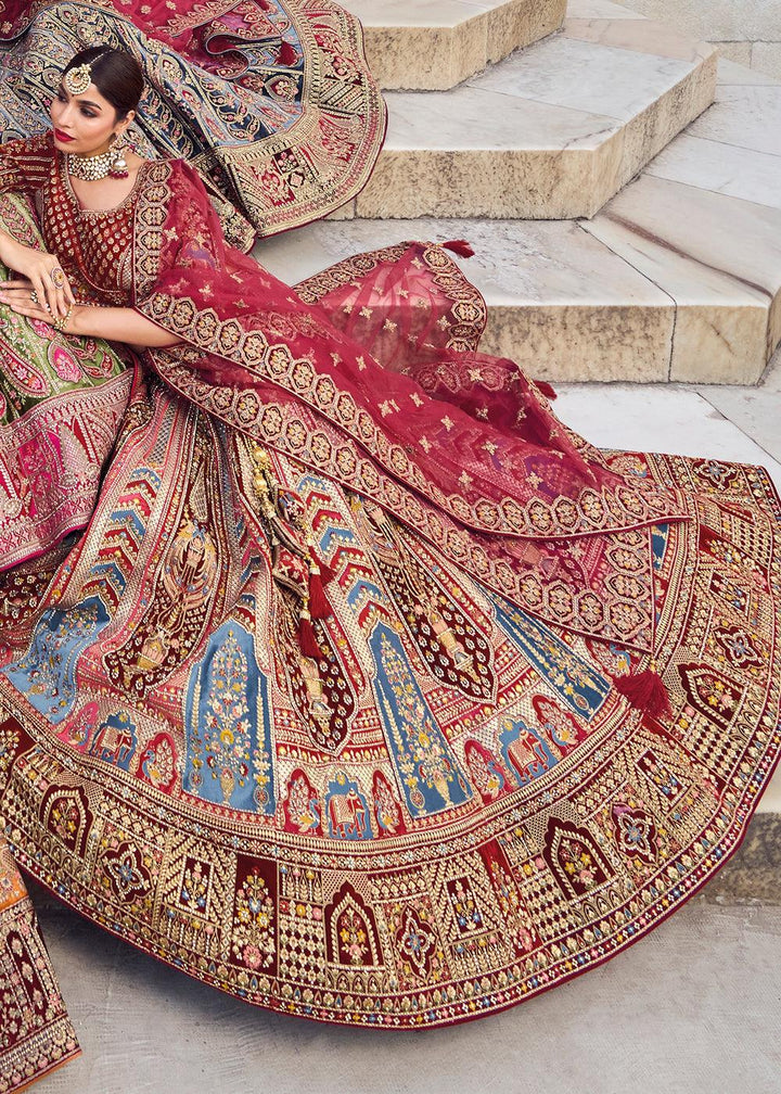 Maroon Red Velvet Lehenga Choli with Heavy Embroidery Work - qivii