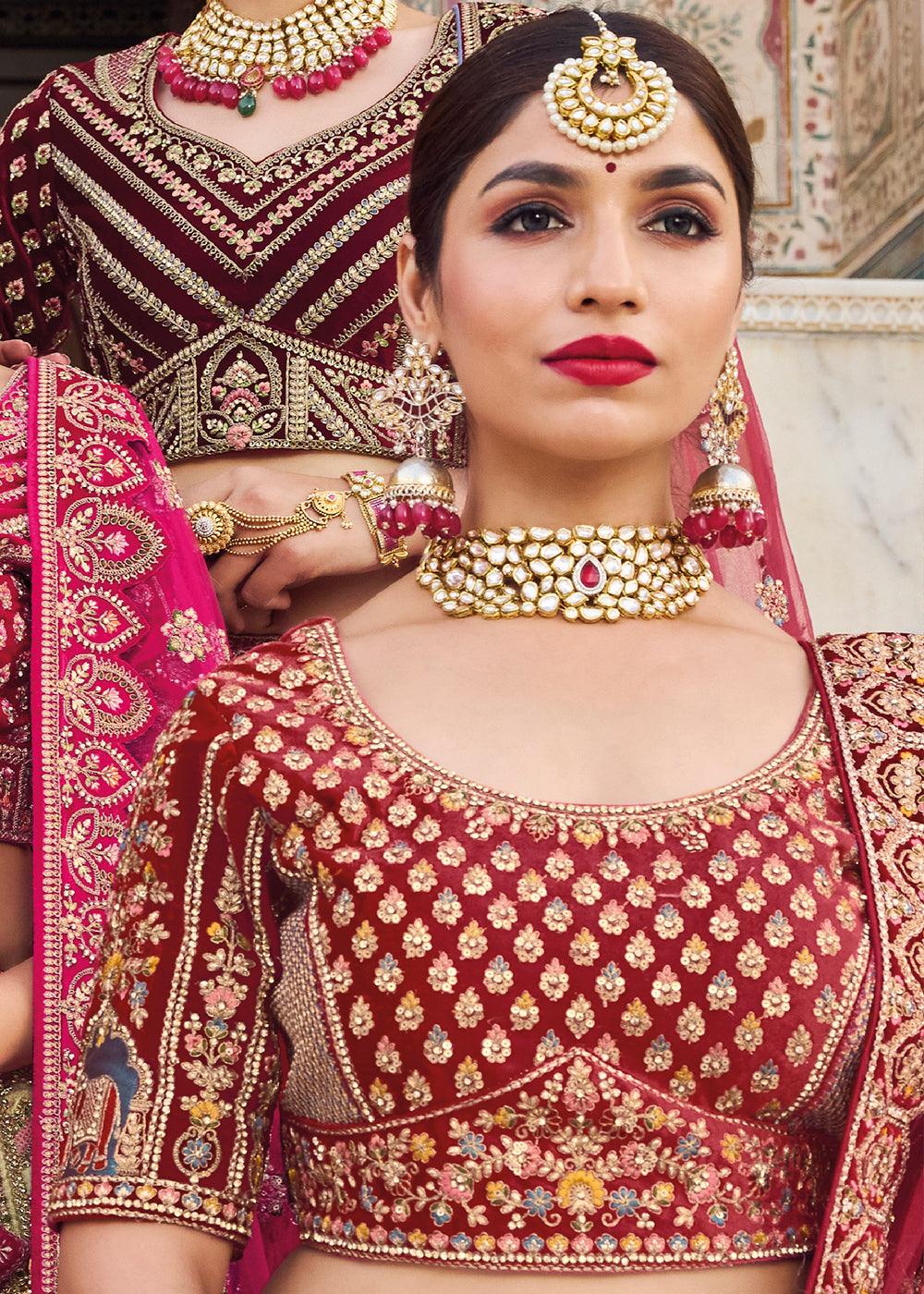 Maroon Red Velvet Lehenga Choli with Heavy Embroidery Work - qivii