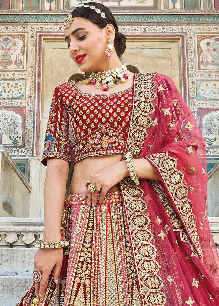 Maroon Red Velvet Lehenga Choli with Heavy Embroidery Work - qivii