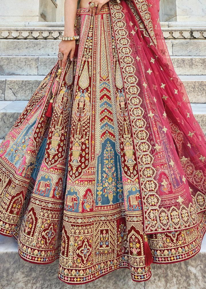 Maroon Red Velvet Lehenga Choli with Heavy Embroidery Work - qivii