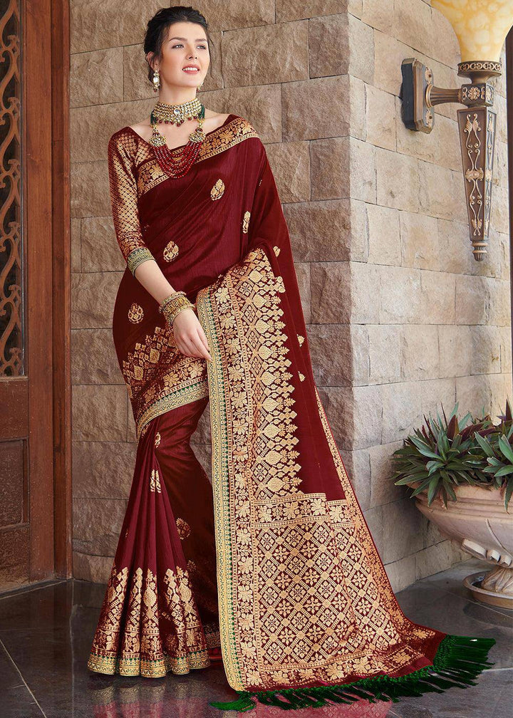 Maroon Red Zari Woven Banarasi Silk Saree with Brocade Blouse | Stitched Blouse - qivii