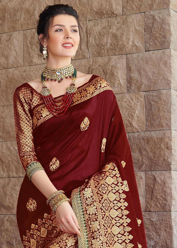 Maroon Red Zari Woven Banarasi Silk Saree with Brocade Blouse | Stitched Blouse - qivii