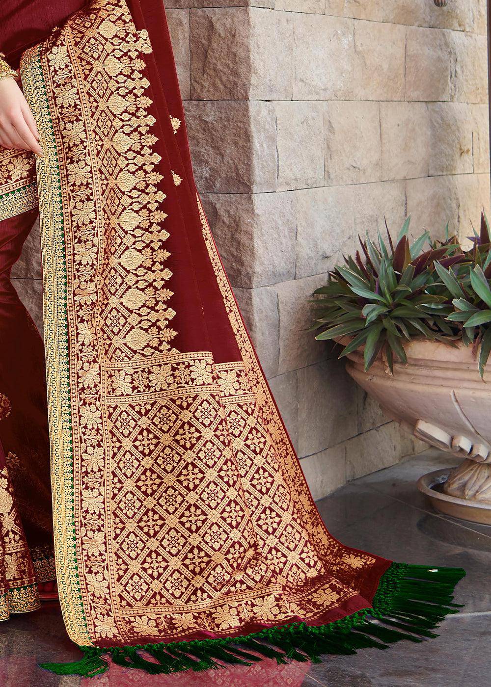 Maroon Red Zari Woven Banarasi Silk Saree with Brocade Blouse | Stitched Blouse - qivii