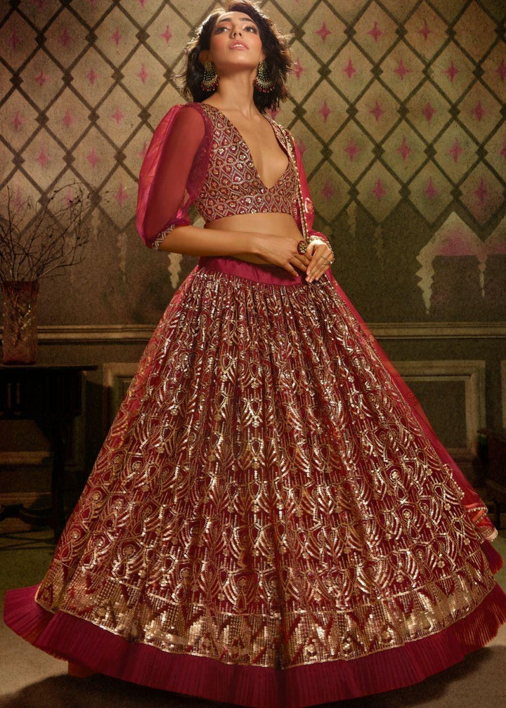 Maroon Soft Net Designer Lehenga Choli with overall Sequins work - qivii