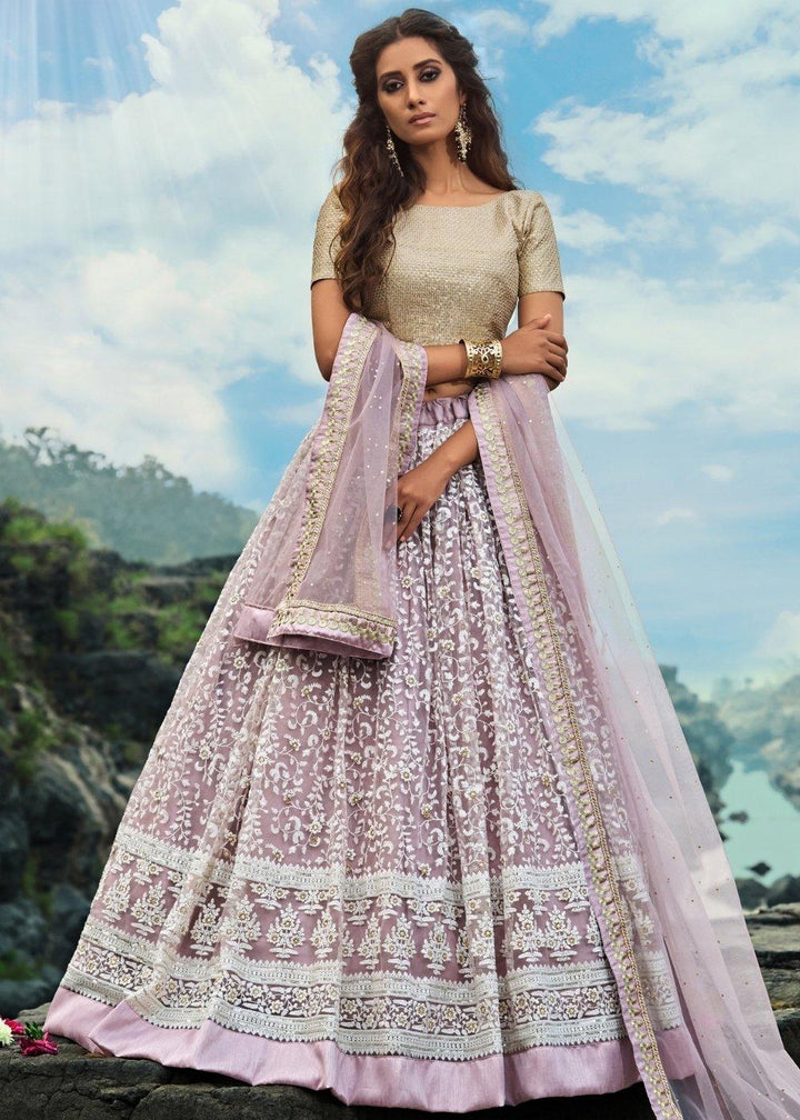 Mauve Purple Designer Soft Net Lehenga Choli with Thread & Zari work - qivii