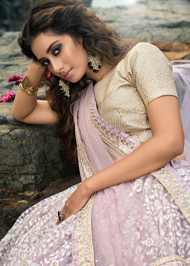 Mauve Purple Designer Soft Net Lehenga Choli with Thread & Zari work - qivii