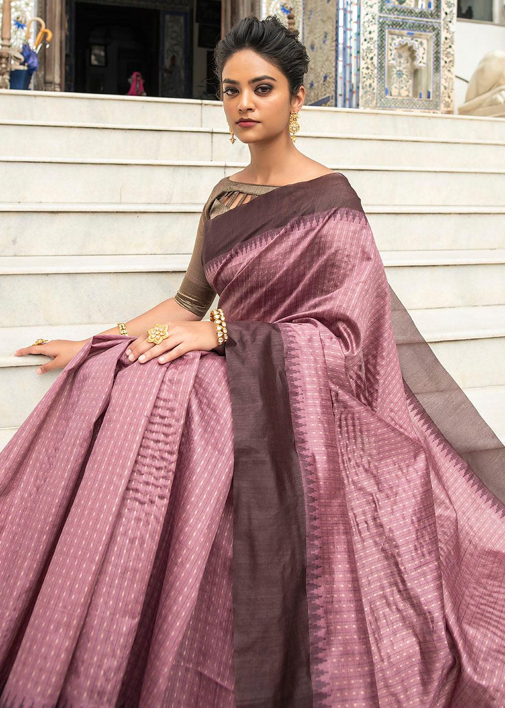 Mauve Purple Designer Woven South Silk Saree | Stitched Blouse - qivii