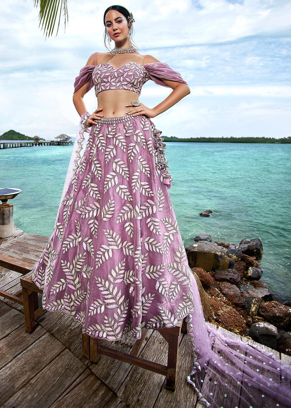 Mauve Purple Organza Lehenga Choli with Sequins,Coding,Moti & Zarkan work - qivii