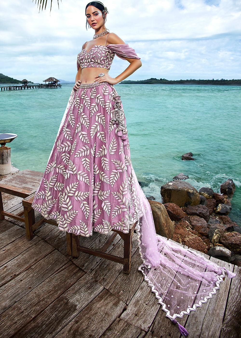 Mauve Purple Organza Lehenga Choli with Sequins,Coding,Moti & Zarkan work - qivii