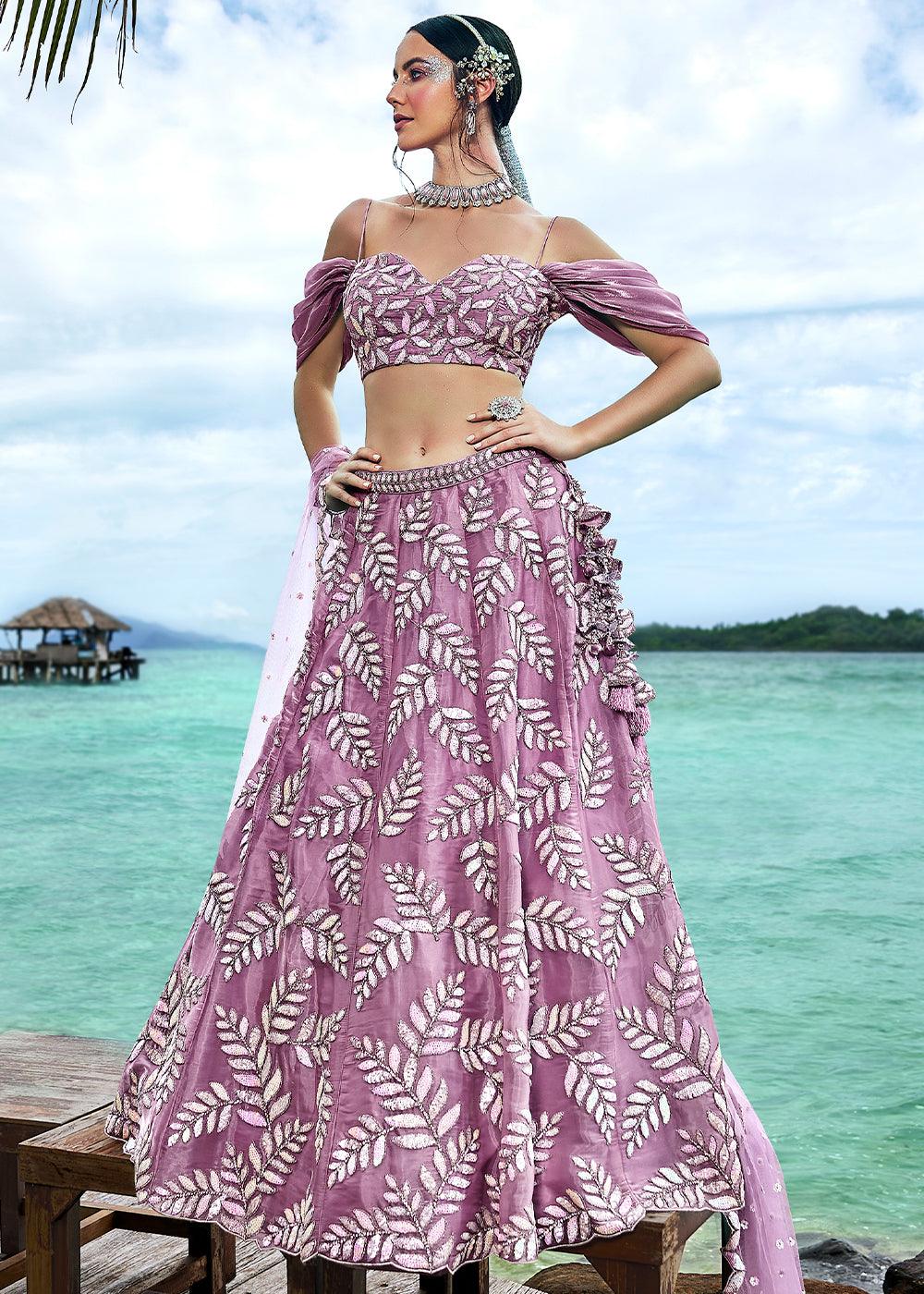 Mauve Purple Organza Lehenga Choli with Sequins,Coding,Moti & Zarkan work - qivii