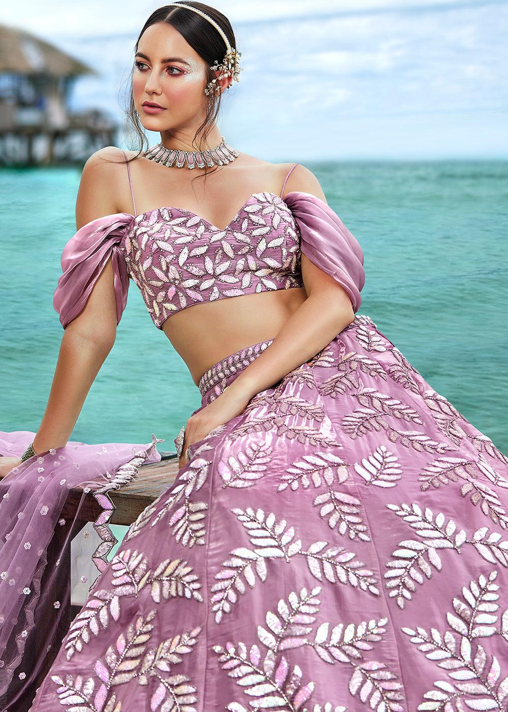 Mauve Purple Organza Lehenga Choli with Sequins,Coding,Moti & Zarkan work - qivii