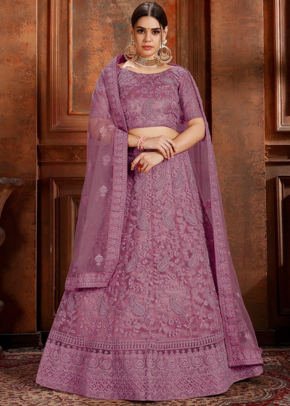 Mauve Purple Soft Net Lehenga Choli with Thread, Zarkan & Pearl work - qivii