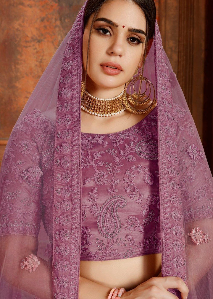 Mauve Purple Soft Net Lehenga Choli with Thread, Zarkan & Pearl work - qivii