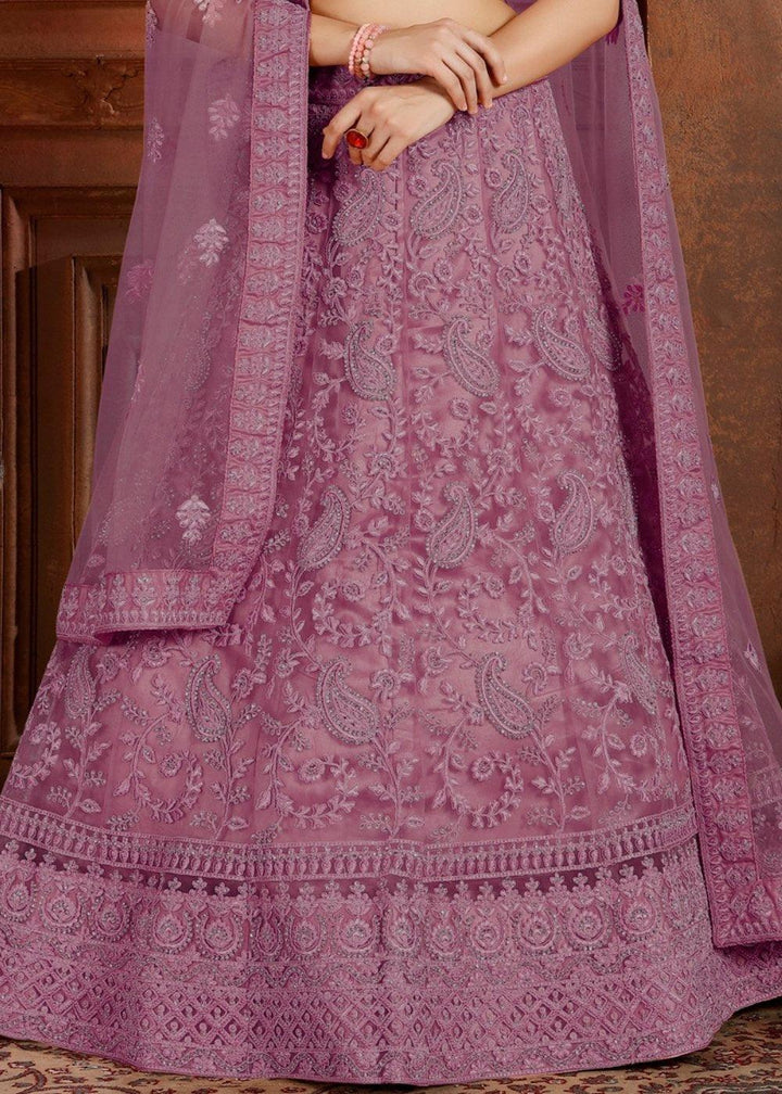 Mauve Purple Soft Net Lehenga Choli with Thread, Zarkan & Pearl work - qivii