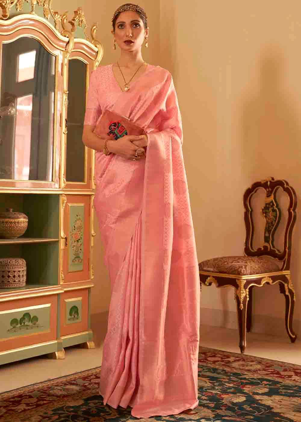 Mauvelous Pink Handloom Weave Banarasi Silk Saree | Stitched Blouse - qivii