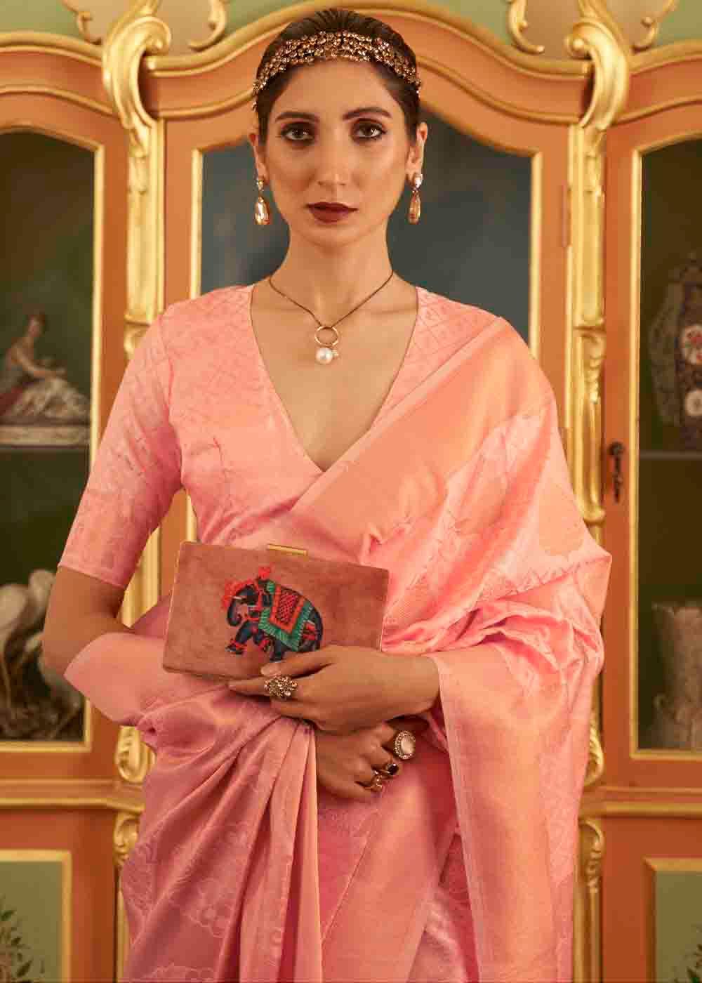 Mauvelous Pink Handloom Weave Banarasi Silk Saree | Stitched Blouse - qivii