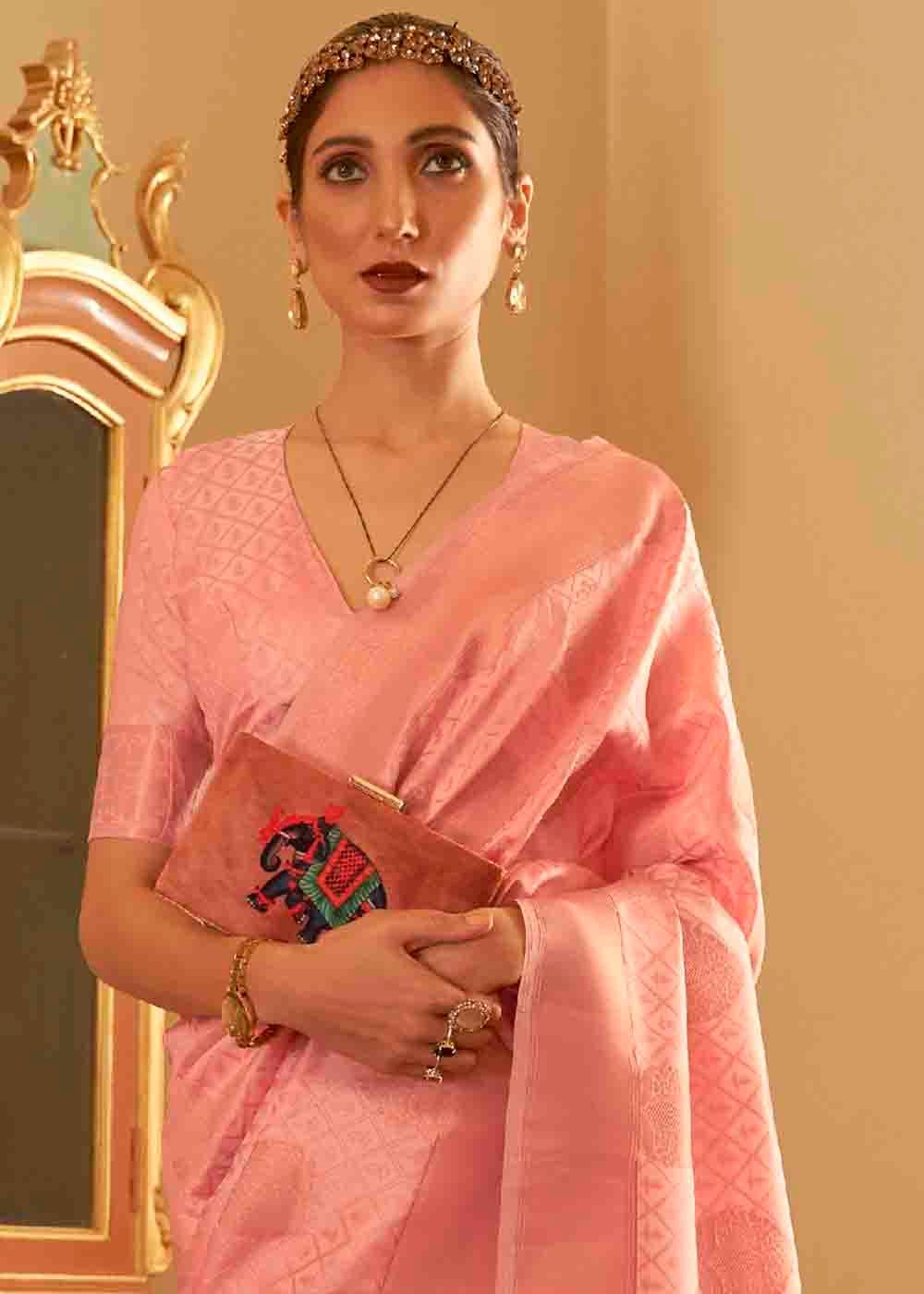 Mauvelous Pink Handloom Weave Banarasi Silk Saree | Stitched Blouse - qivii