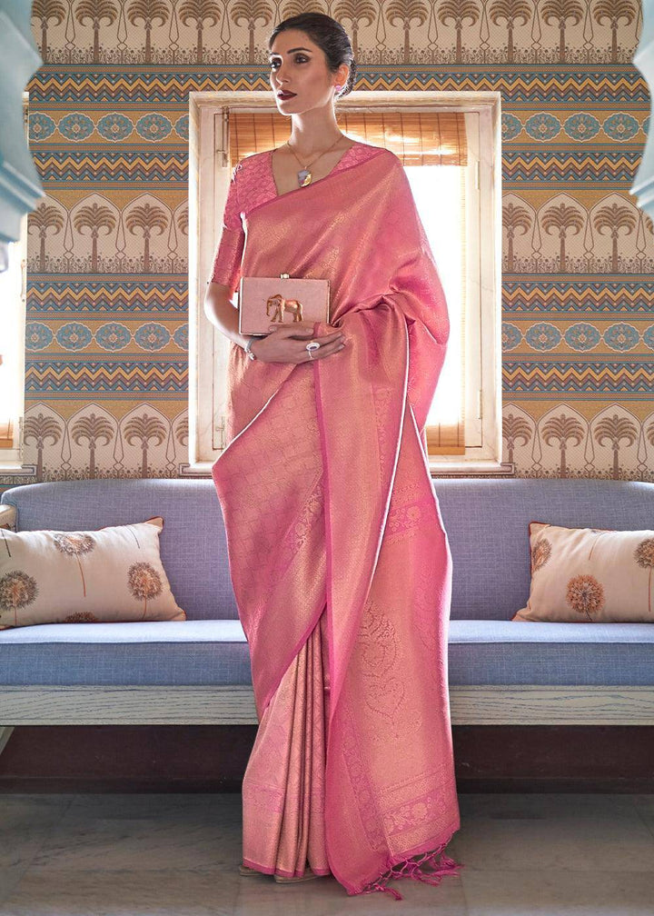 Mauvelous Pink Soft Handloom Weave Kanjivaram Silk Saree : Festival Edition | Stitched Blouse - qivii