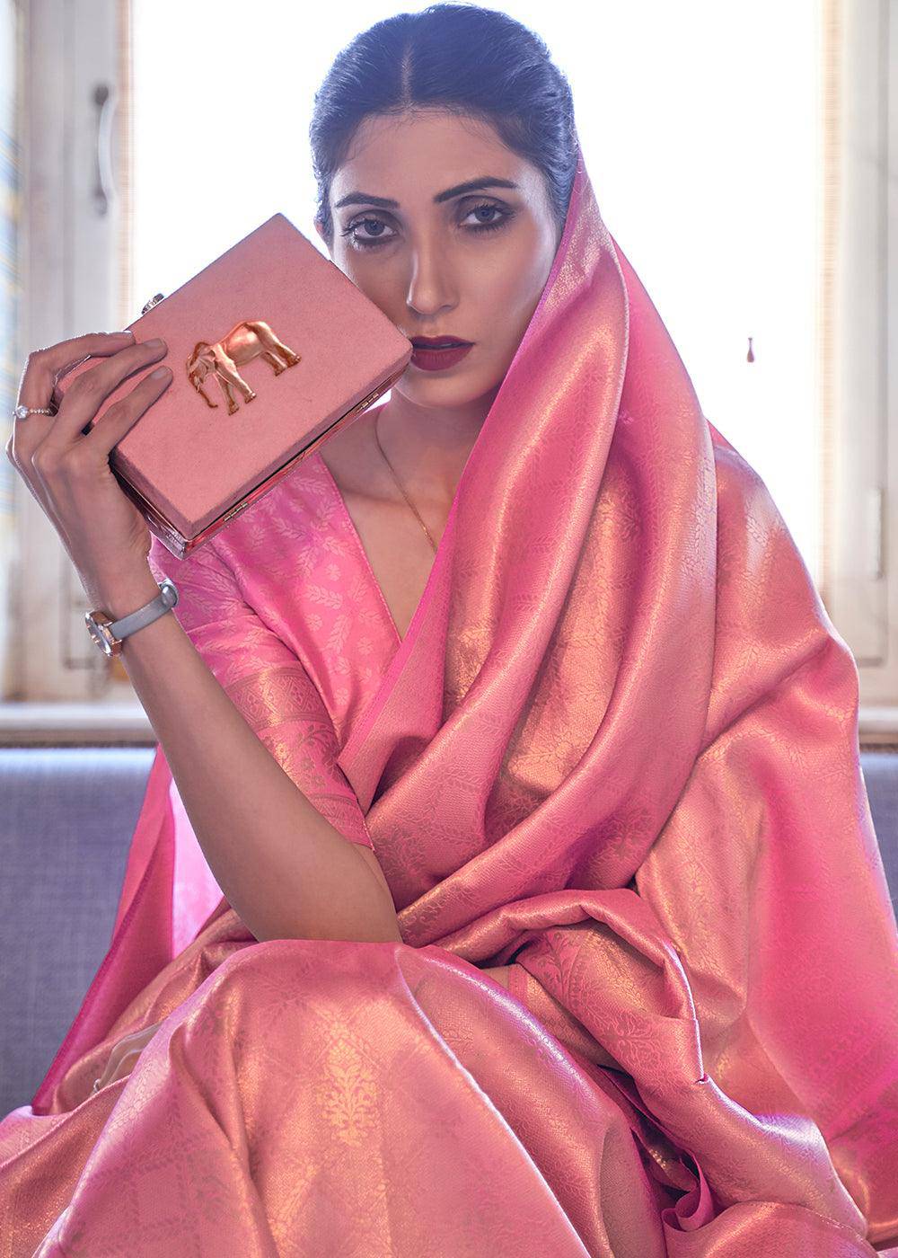 Mauvelous Pink Soft Handloom Weave Kanjivaram Silk Saree : Festival Edition | Stitched Blouse - qivii