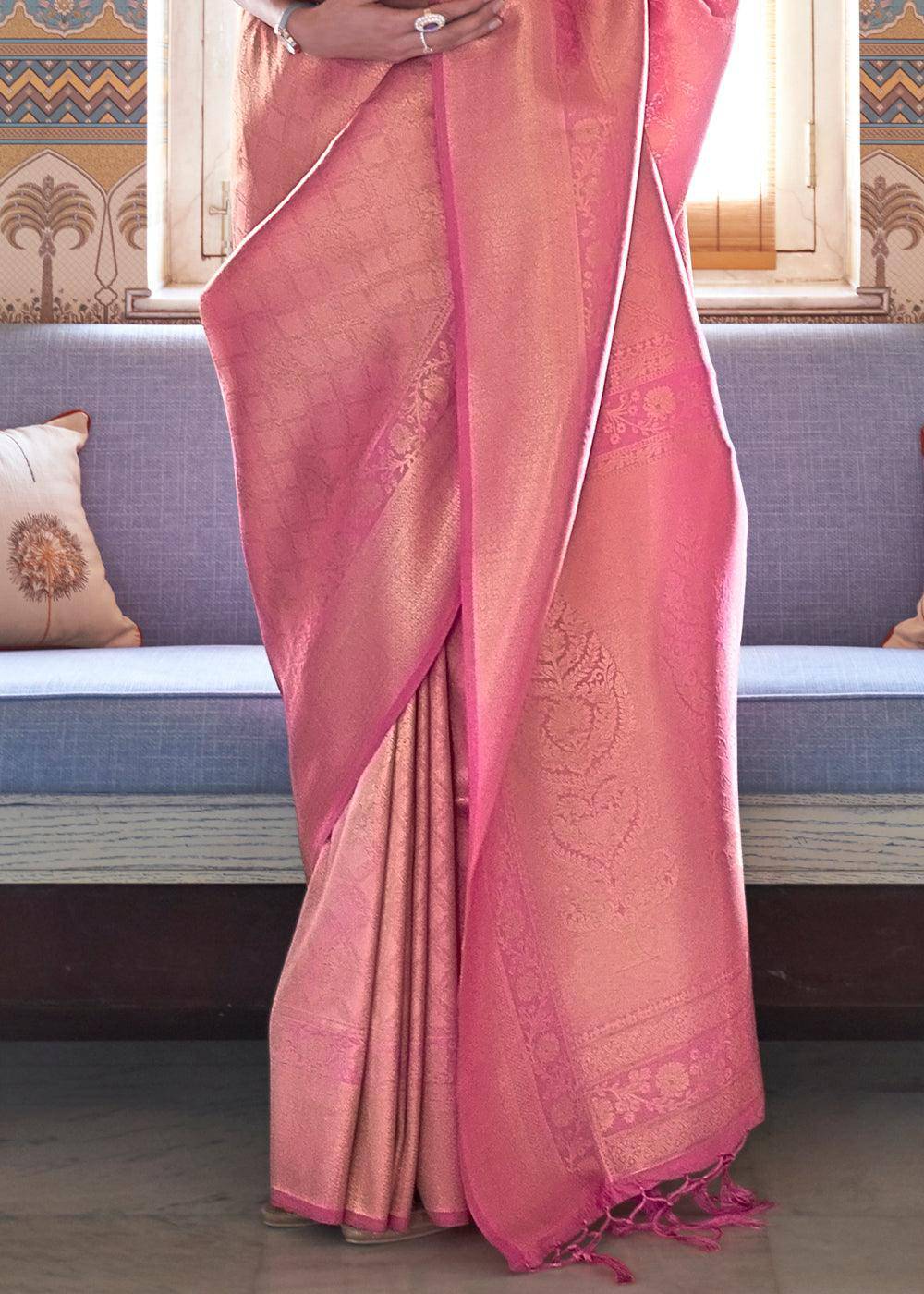 Mauvelous Pink Soft Handloom Weave Kanjivaram Silk Saree : Festival Edition | Stitched Blouse - qivii