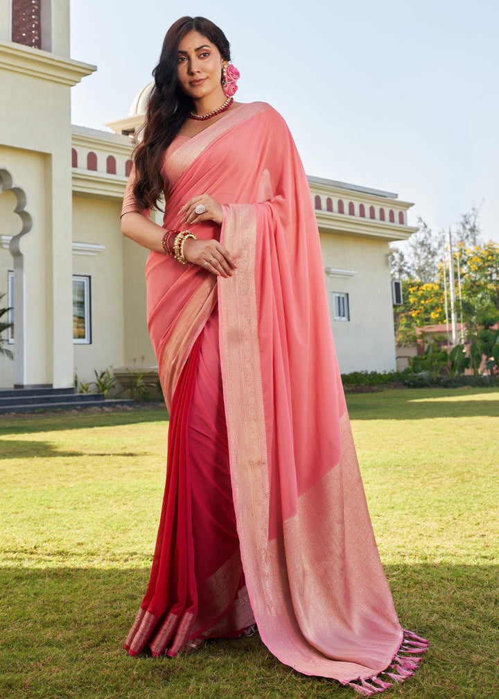 Mauvelous Pink Woven Georgette Saree - qivii