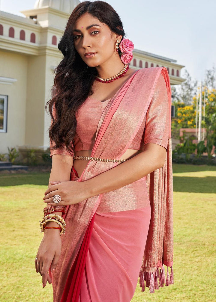 Mauvelous Pink Woven Georgette Saree - qivii