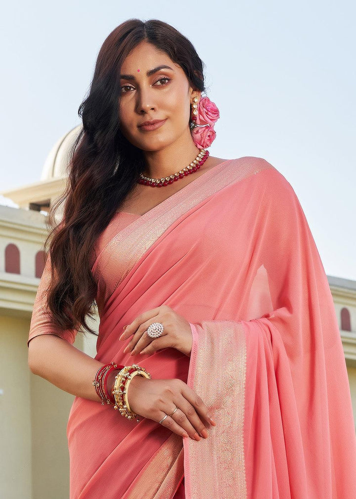 Mauvelous Pink Woven Georgette Saree - qivii