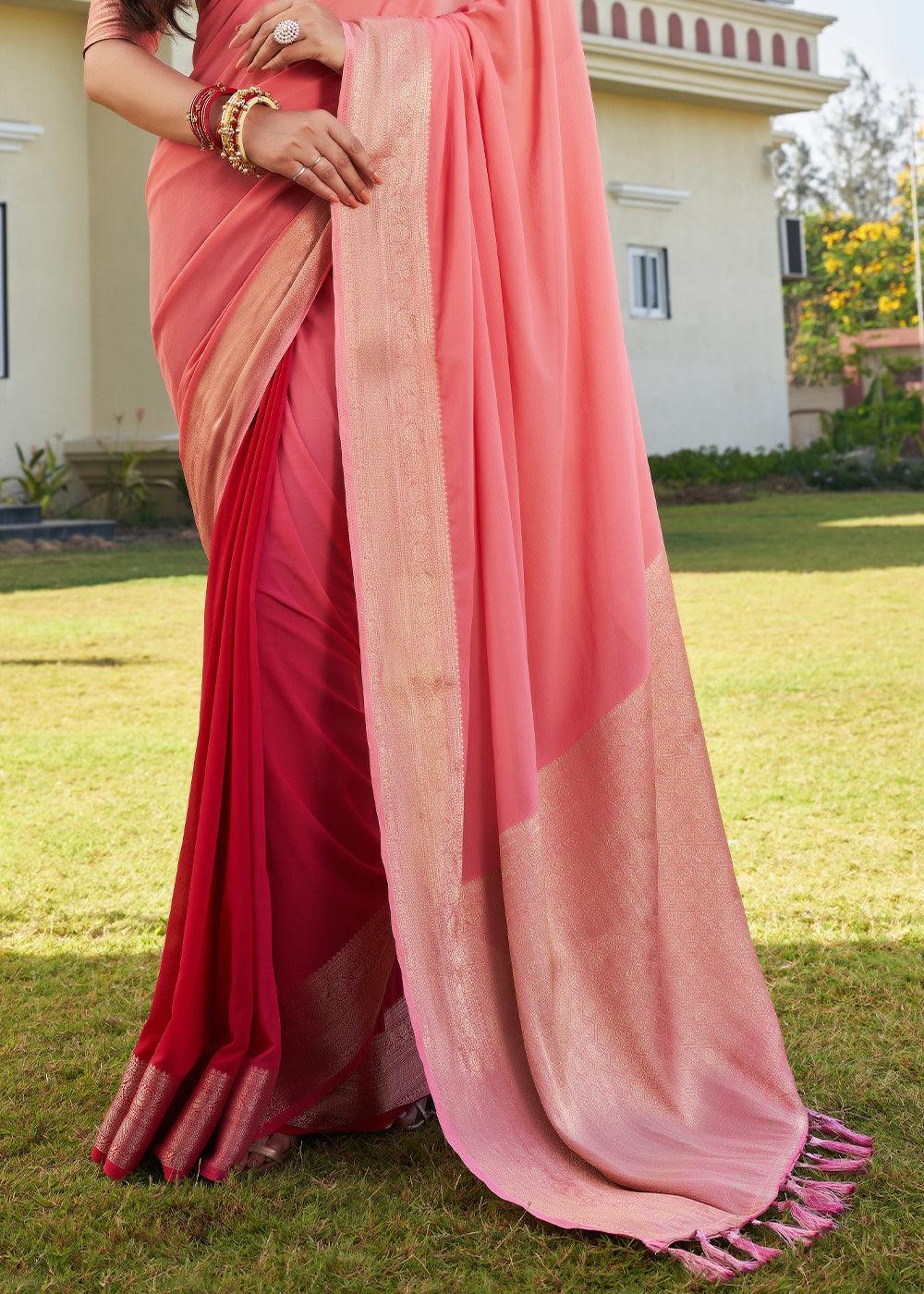 Mauvelous Pink Woven Georgette Saree - qivii