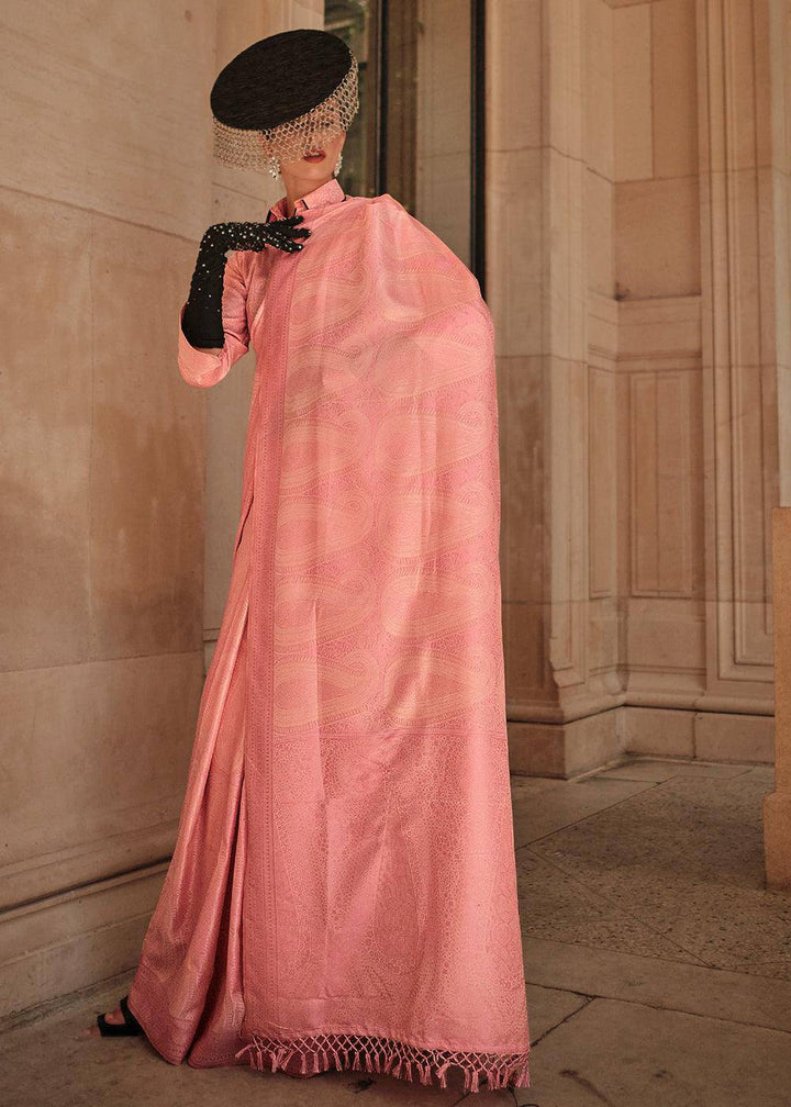 Mauvelous Pink Woven Satin Silk Saree | Stitched Blouse - qivii