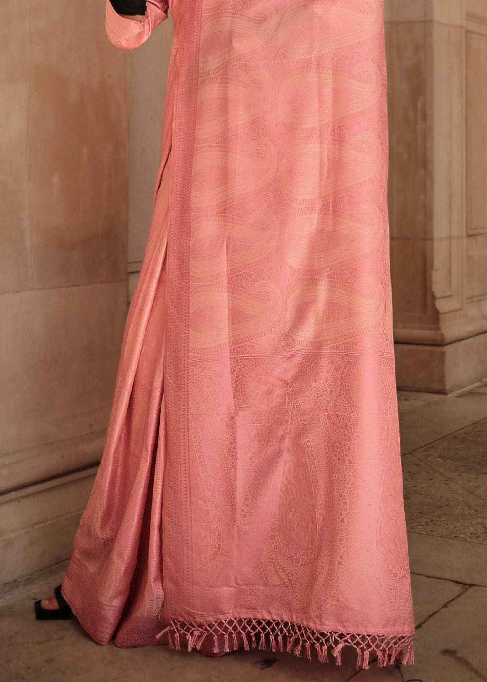 Mauvelous Pink Woven Satin Silk Saree | Stitched Blouse - qivii