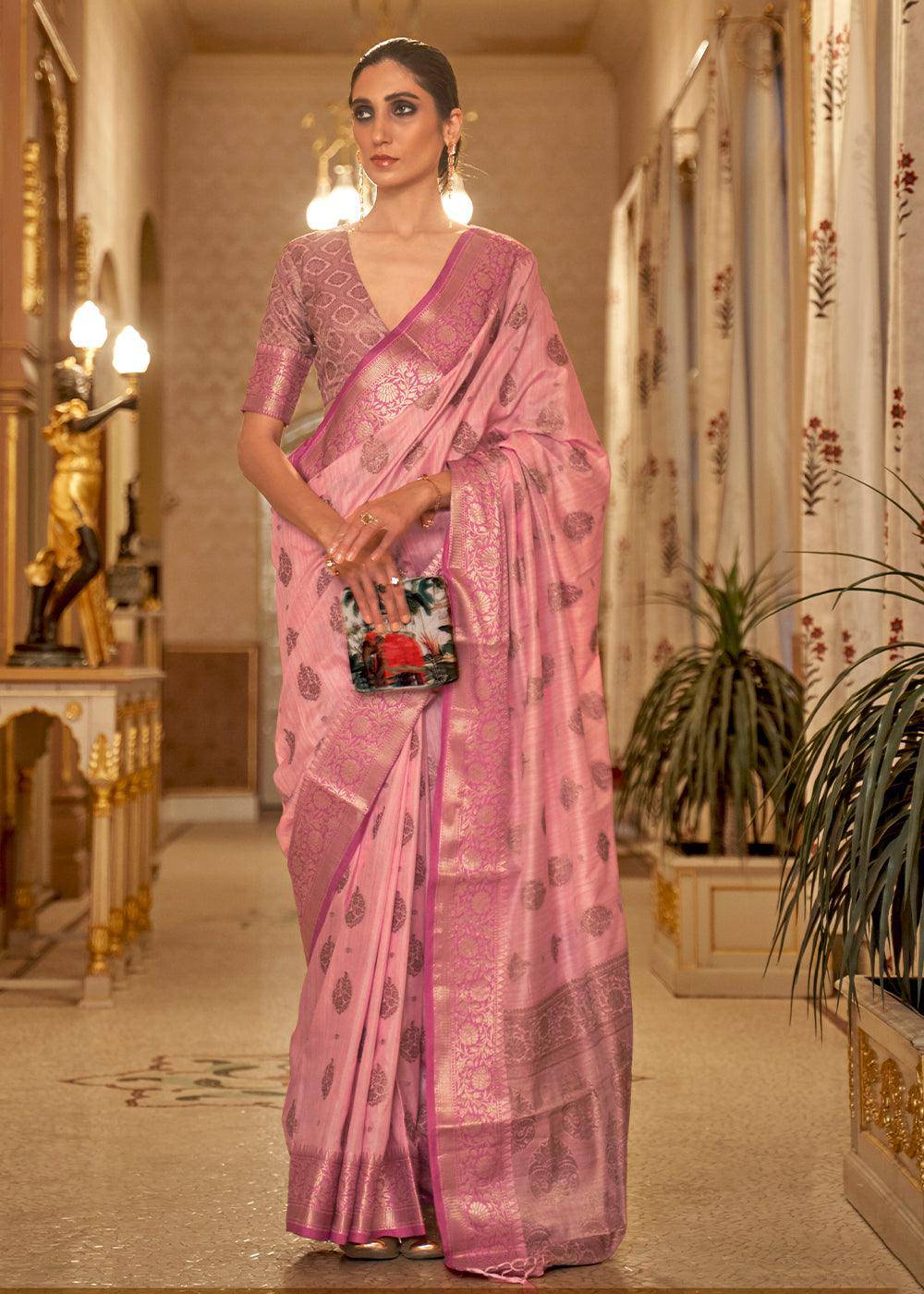 Mauvelous Pink Zari Butta Woven Tussar Silk Saree | Stitched Blouse - qivii