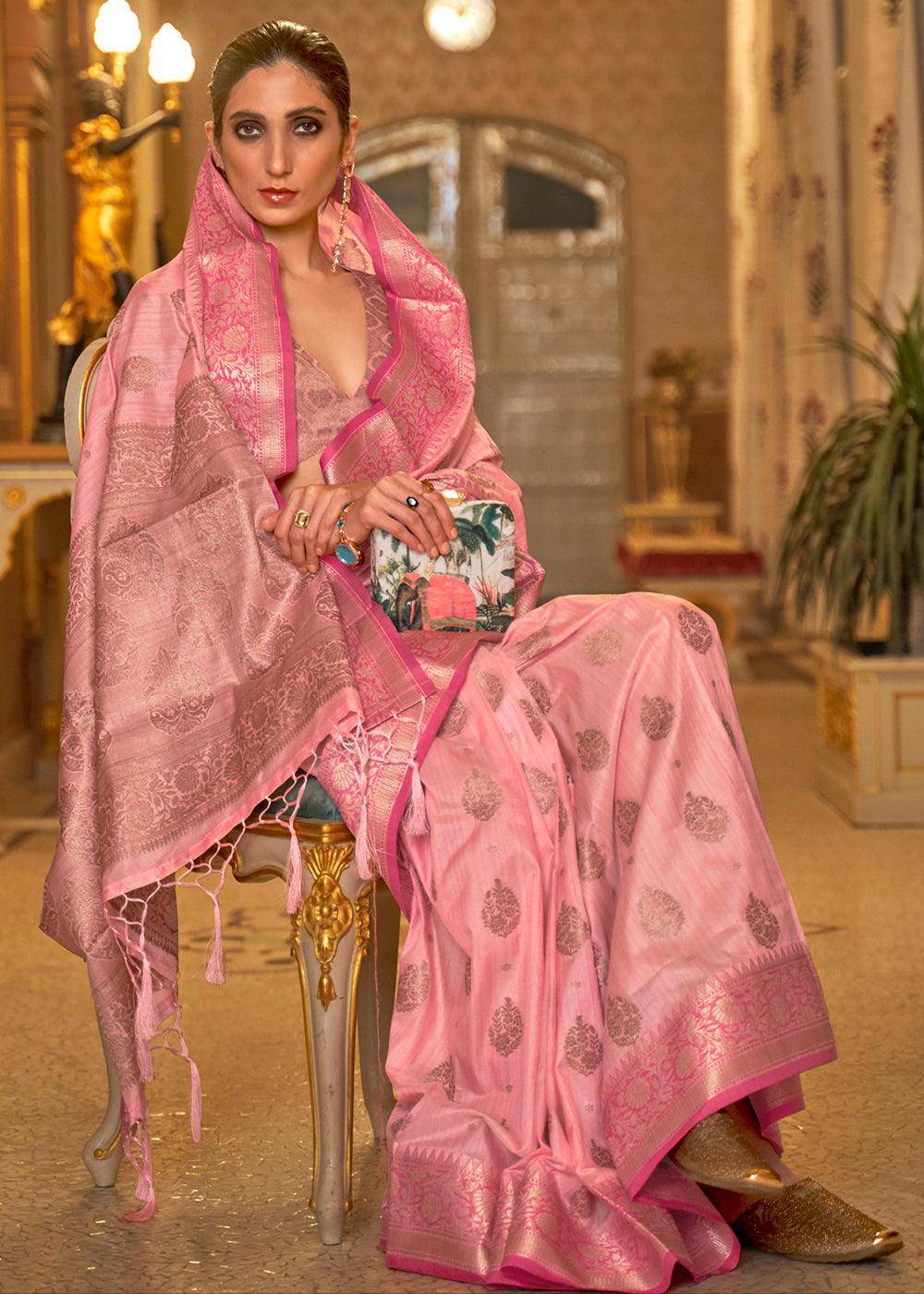 Mauvelous Pink Zari Butta Woven Tussar Silk Saree | Stitched Blouse - qivii