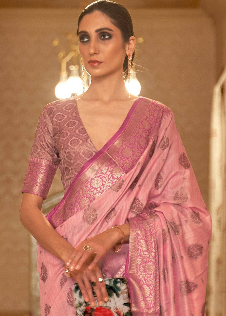 Mauvelous Pink Zari Butta Woven Tussar Silk Saree | Stitched Blouse - qivii