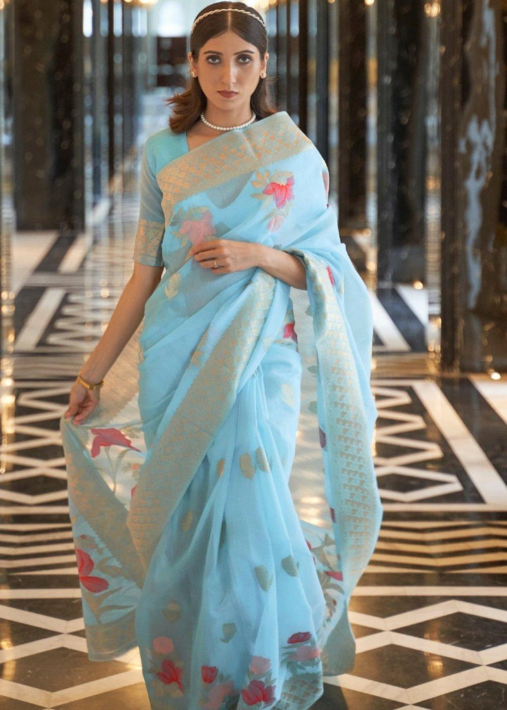 Maya Blue Zari Woven Linen Silk Saree | Stitched Blouse - qivii