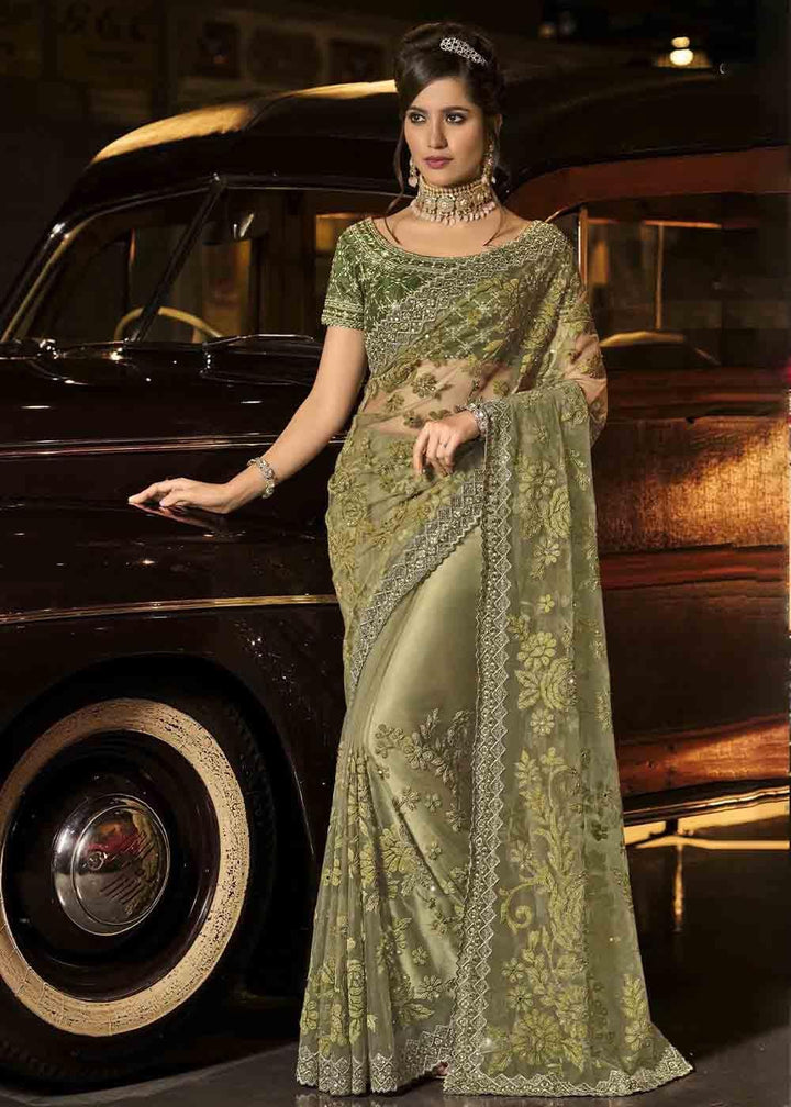 Mehendi Green Designer Net Saree with Jari, Mirror & Moti Cut Dana work | Stitched Blouse - qivii