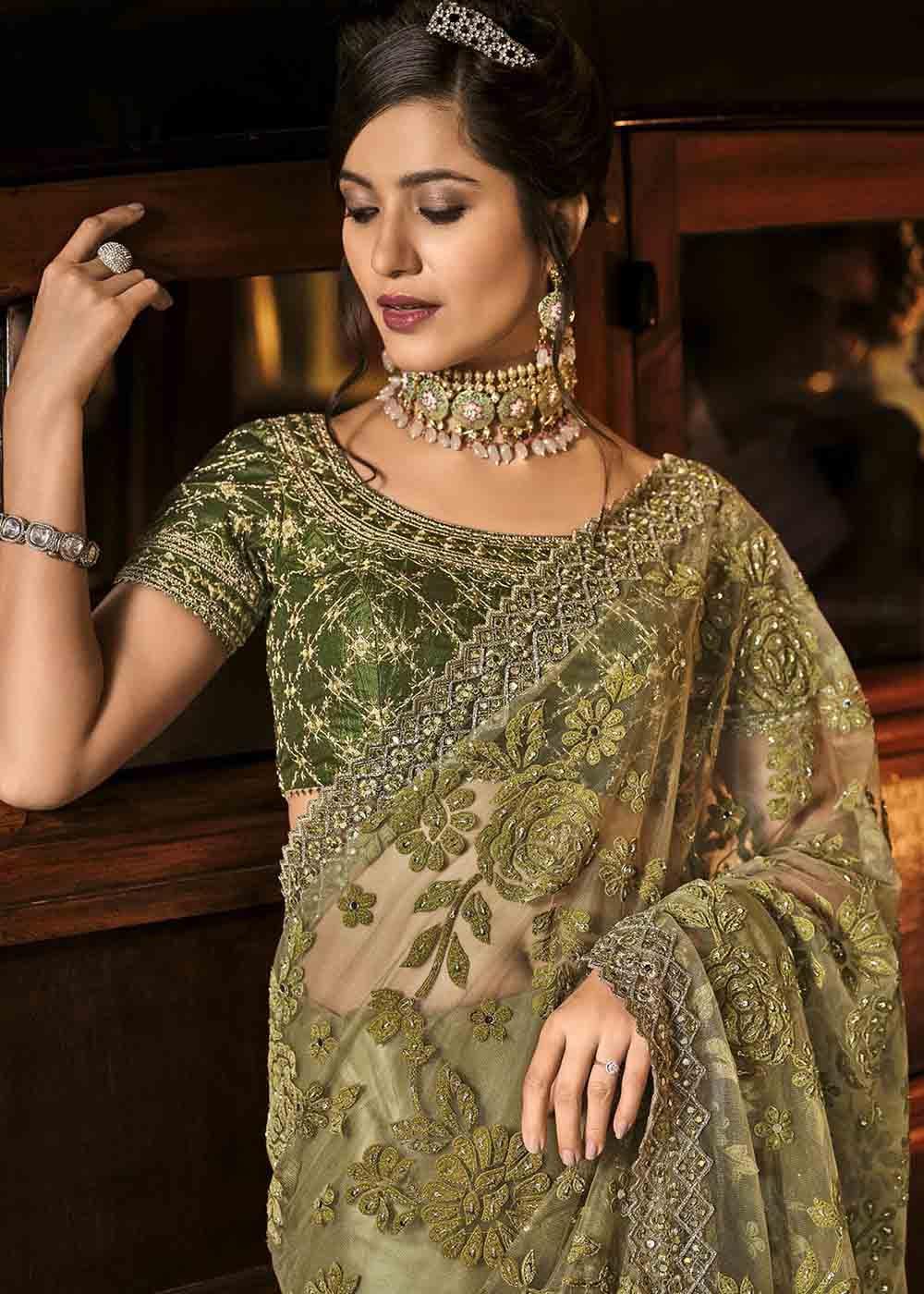 Mehendi Green Designer Net Saree with Jari, Mirror & Moti Cut Dana work | Stitched Blouse - qivii