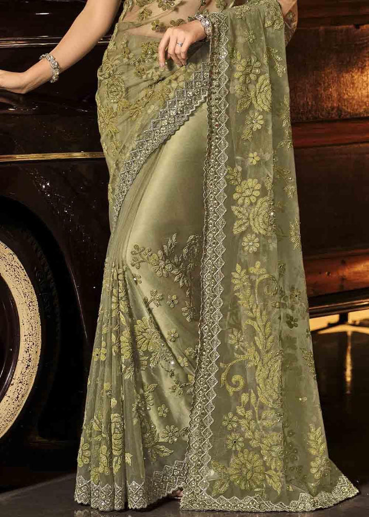 Mehendi Green Designer Net Saree with Jari, Mirror & Moti Cut Dana work | Stitched Blouse - qivii