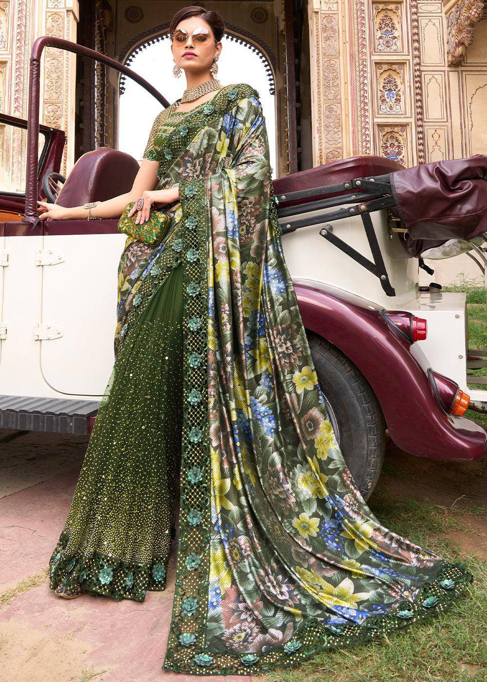 Mehendi Green Digital Net Saree with Crystal,Thread,Zarkan,Mirror & Sequence work | Stitched Blouse - qivii