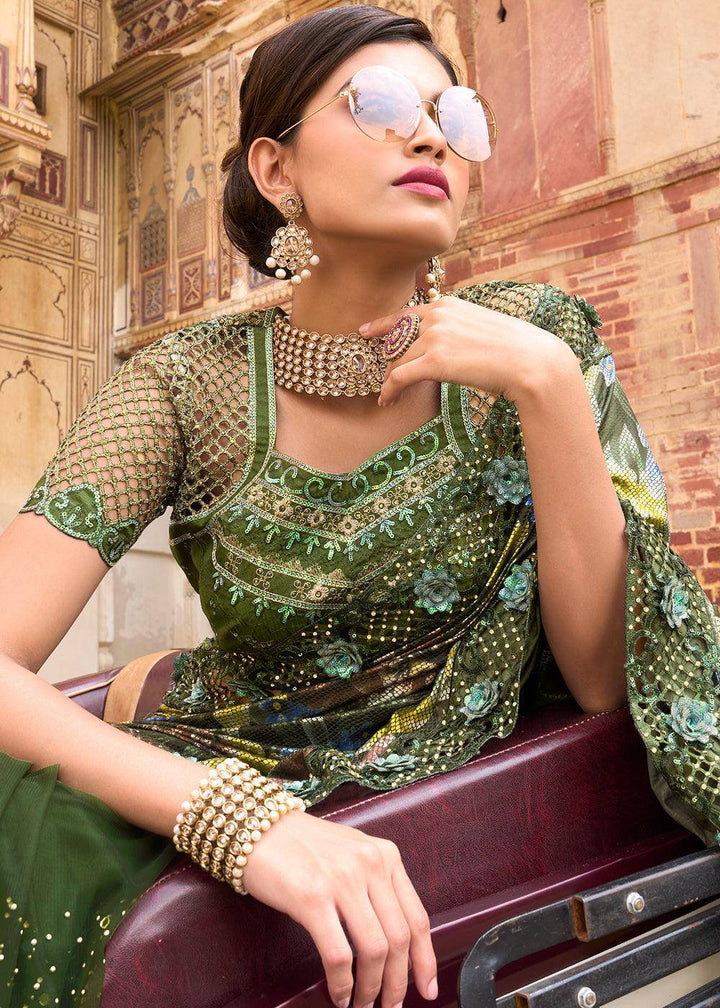 Mehendi Green Digital Net Saree with Crystal,Thread,Zarkan,Mirror & Sequence work | Stitched Blouse - qivii