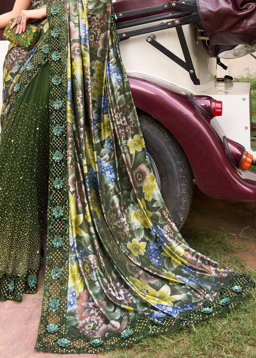 Mehendi Green Digital Net Saree with Crystal,Thread,Zarkan,Mirror & Sequence work | Stitched Blouse - qivii