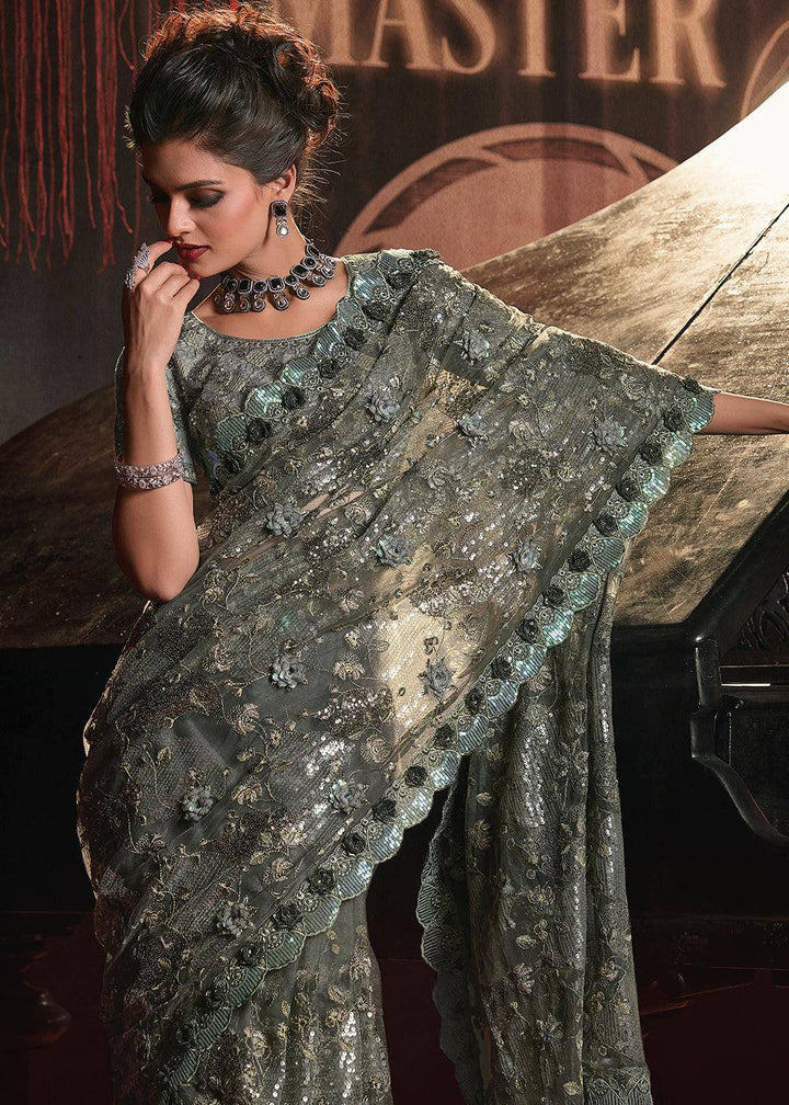 Mehendi Green Digital Net Saree with Sequence and Flower Applique work | Stitched Blouse - qivii