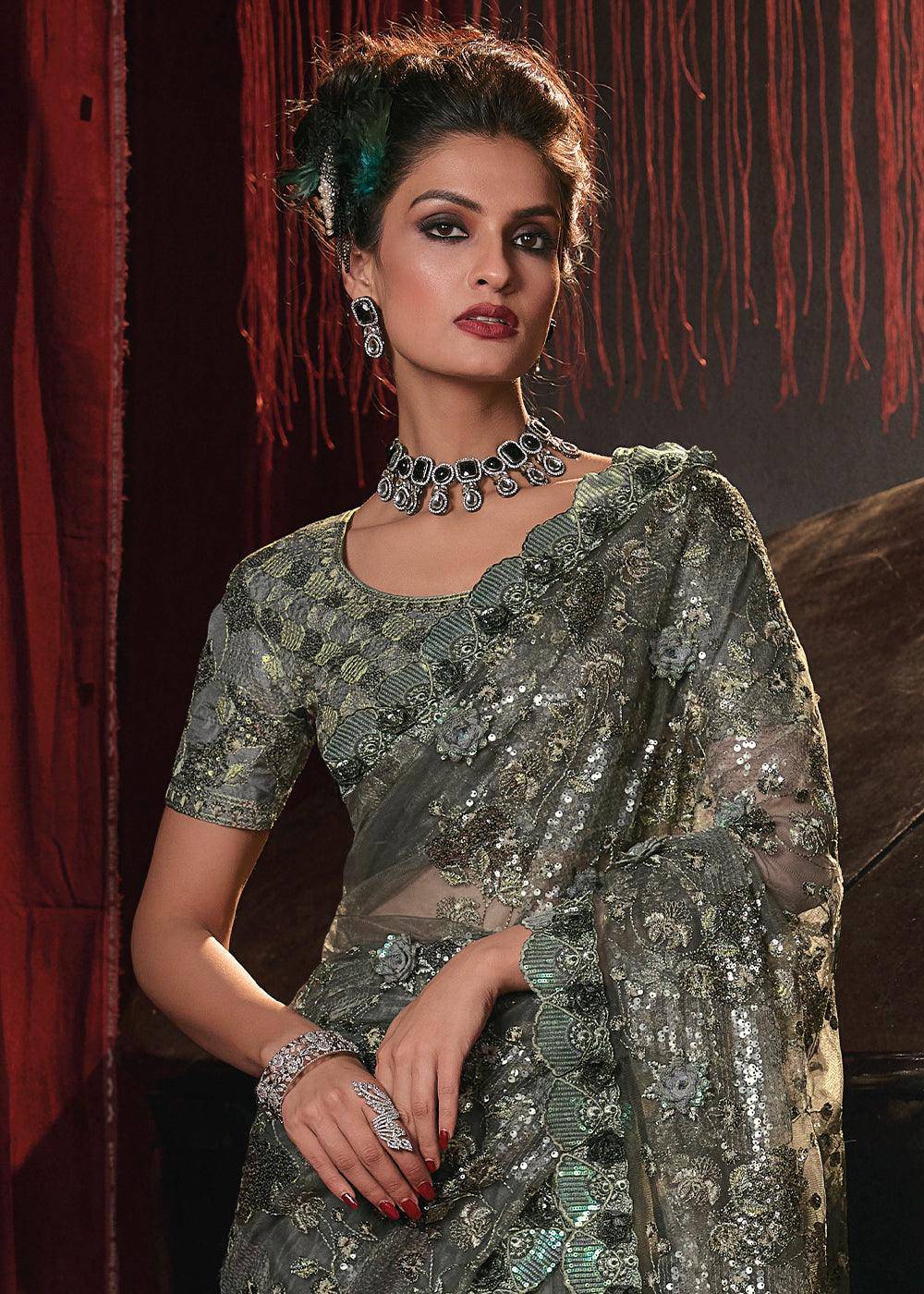 Mehendi Green Digital Net Saree with Sequence and Flower Applique work | Stitched Blouse - qivii