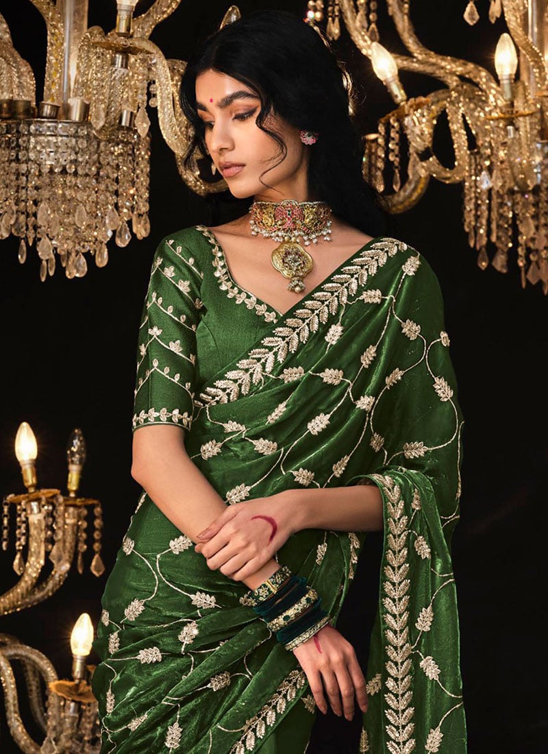 Mehendi Green Satin Silk Saree Embellished with Stone,Sequin,Embroidery & Zarkan work