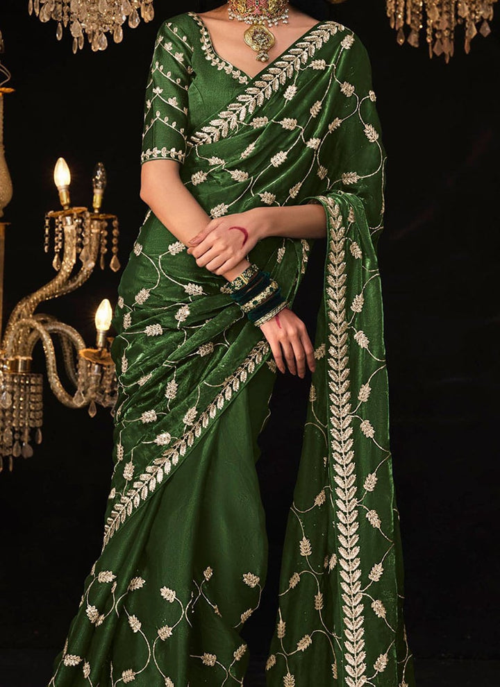 Mehendi Green Satin Silk Saree Embellished with Stone,Sequin,Embroidery & Zarkan work