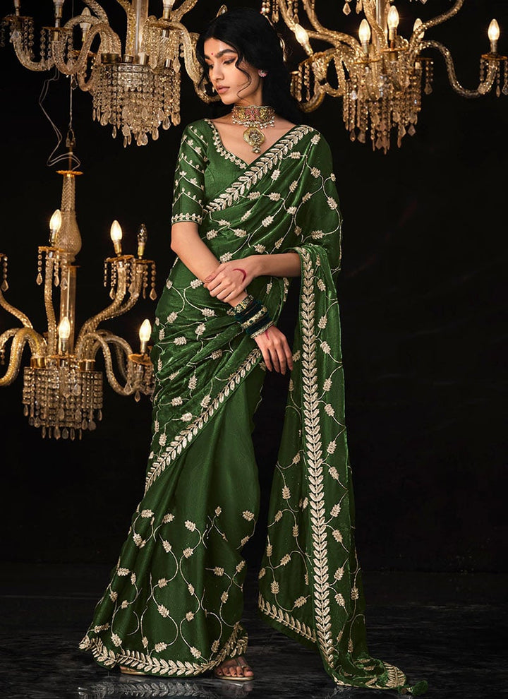 Mehendi Green Satin Silk Saree Embellished with Stone,Sequin,Embroidery & Zarkan work