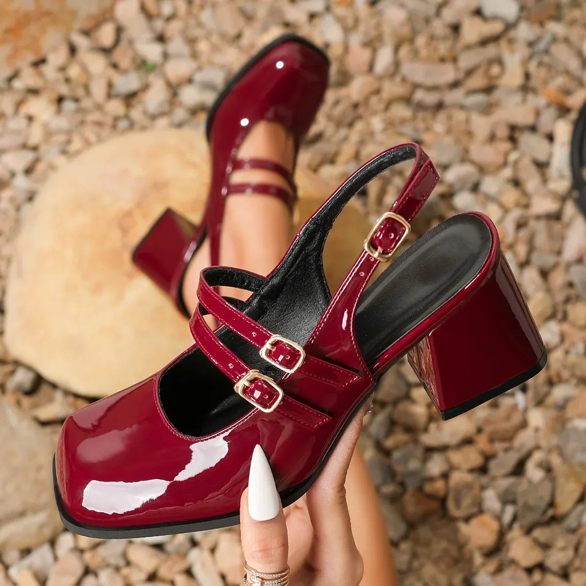 Red Melissa women's orthopedic Mary Jane heels by Hudson Ridge with supportive design and rounded toe for comfortable wear.
