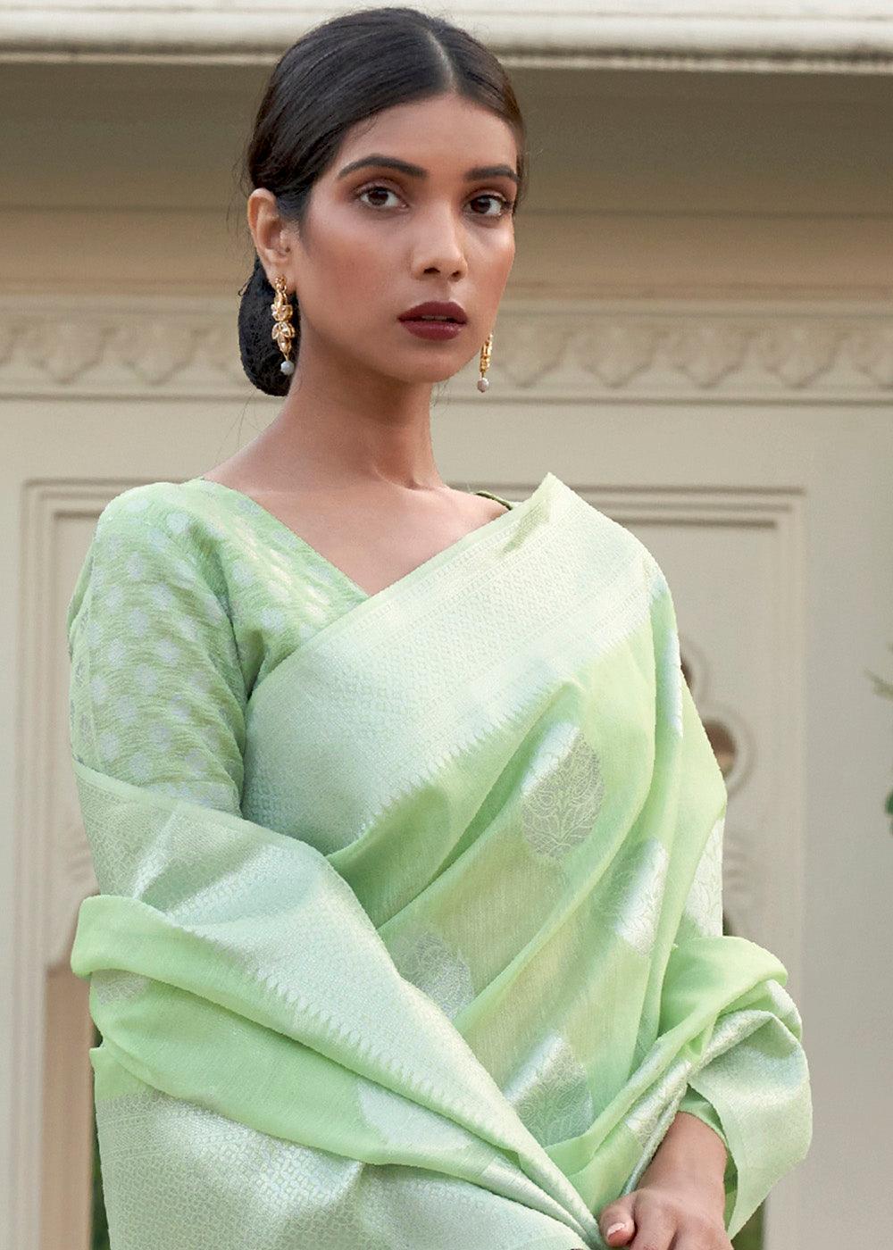 Melody Green Woven Linen Silk Saree | Stitched Blouse - qivii